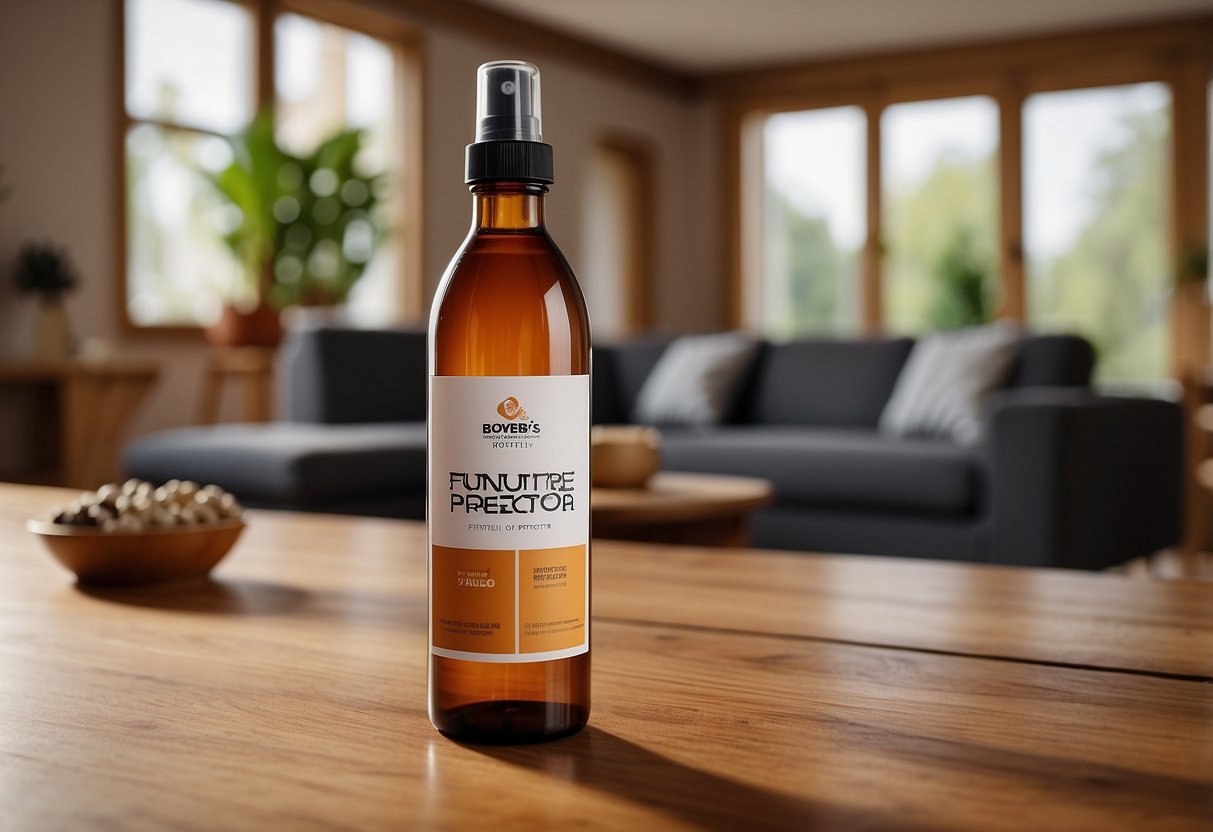 A bottle of furniture stain protector sits on a wooden table, surrounded by various furniture pieces. The label on the bottle clearly displays the product name and its benefits