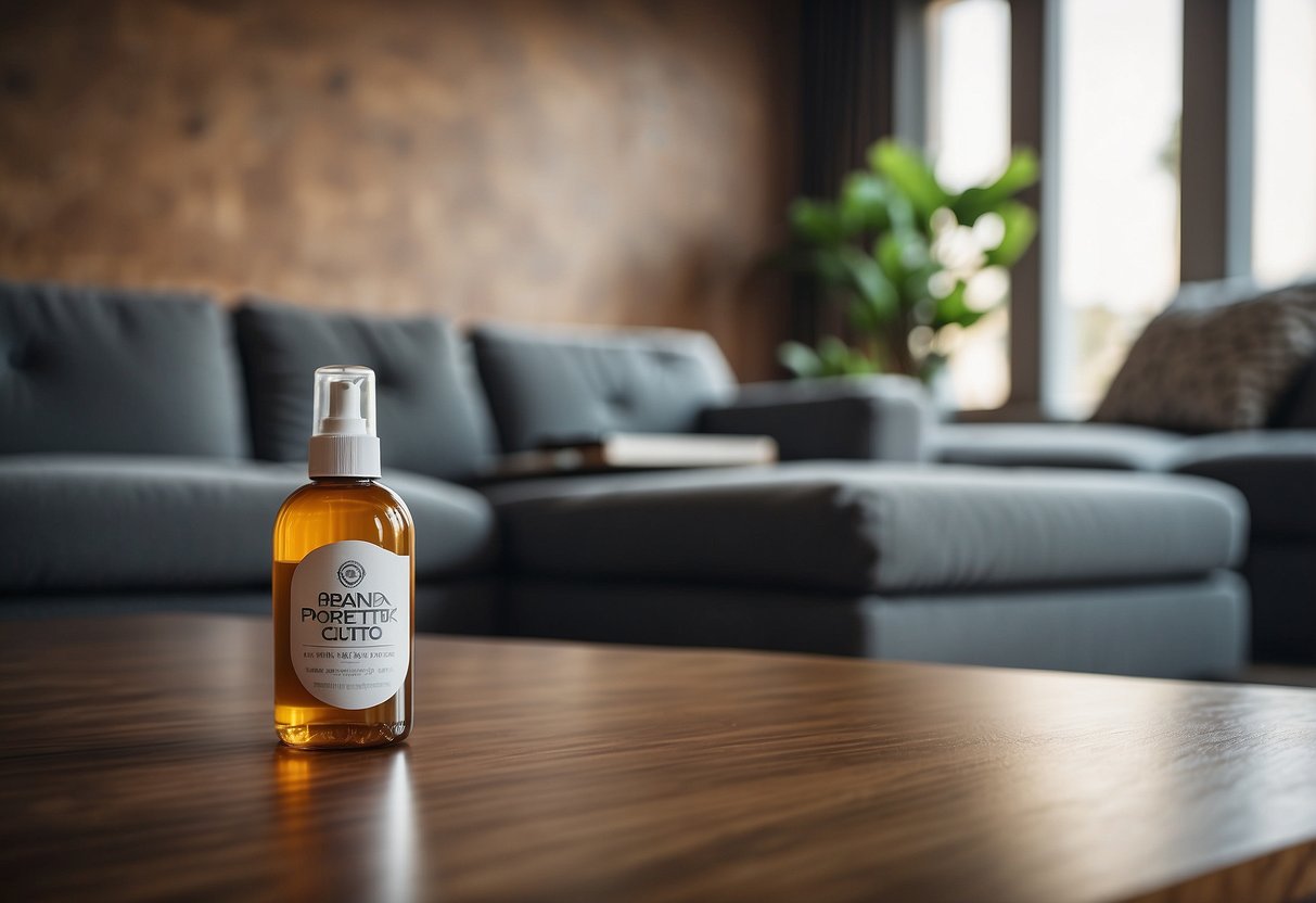 A hand holding a bottle of furniture stain protector, with a sofa and coffee table in the background