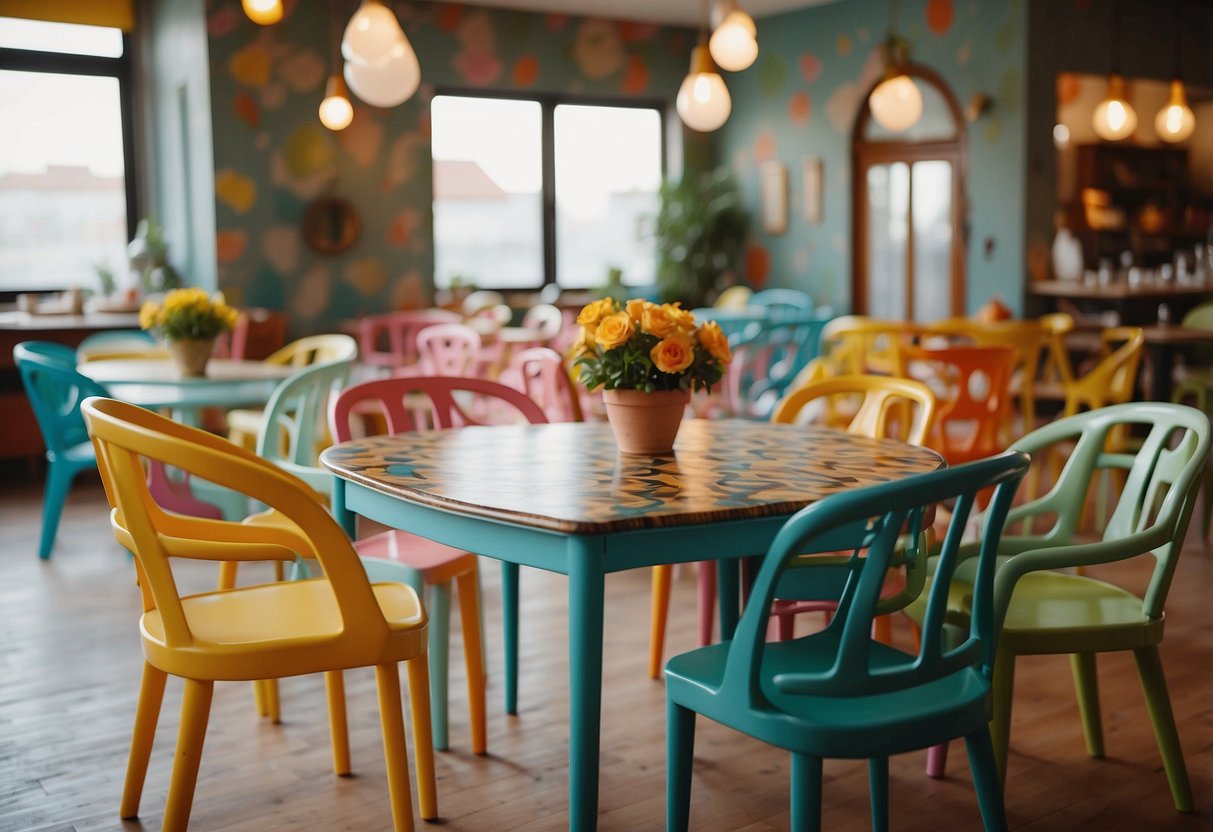 Colorful, mismatched chairs and tables fill the room, each with its own unique design and pattern. The furniture is arranged in a playful and eclectic way, creating a fun and funky atmosphere