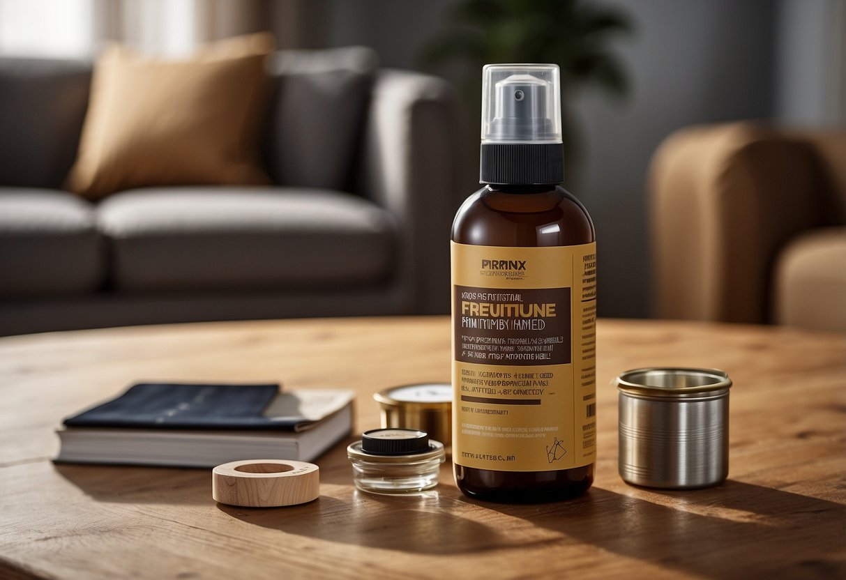 A bottle of furniture stain protector sits on a wooden table, surrounded by various furniture pieces. The label prominently displays "Frequently Asked Questions."