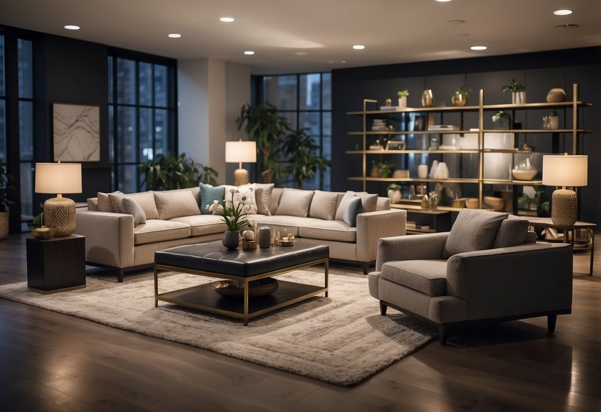 A spacious, well-lit showroom displays a variety of cozy, modern furniture pieces arranged in stylish room settings