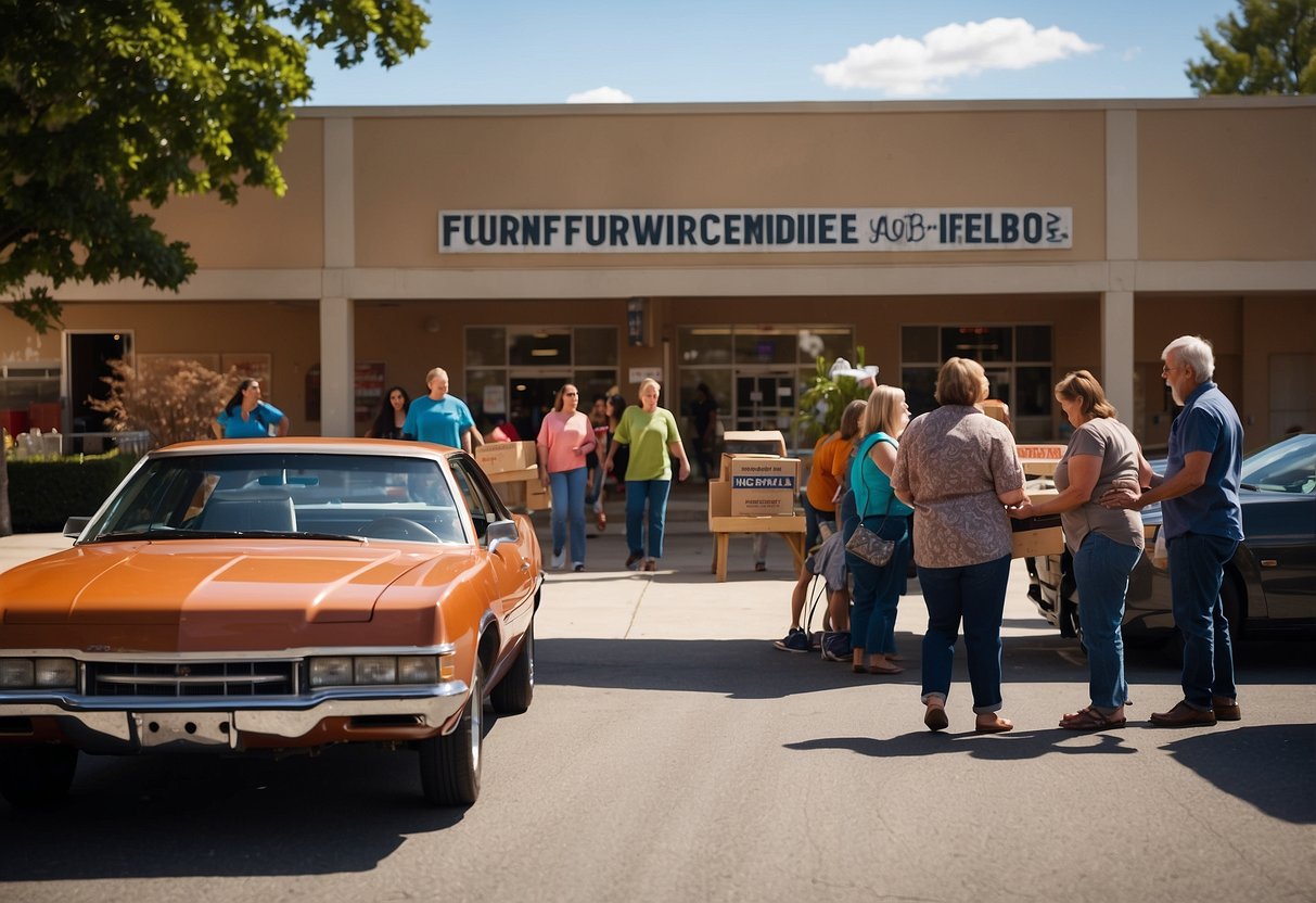 A community center with a sign advertising a free furniture giveaway, people browsing items, volunteers helping load furniture into cars