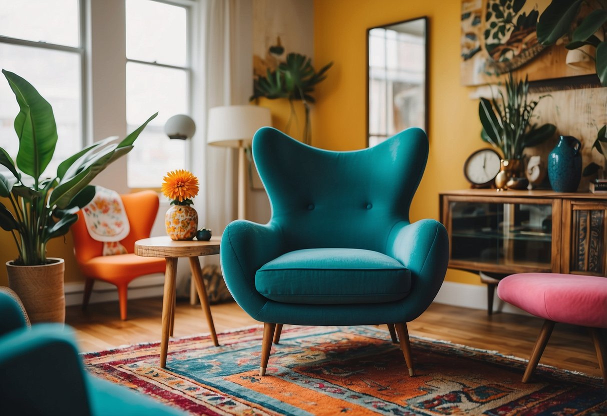 A colorful, retro-inspired chair sits in a vibrant room surrounded by eclectic furniture pieces. Bright patterns and unique shapes give the space a fun, funky vibe