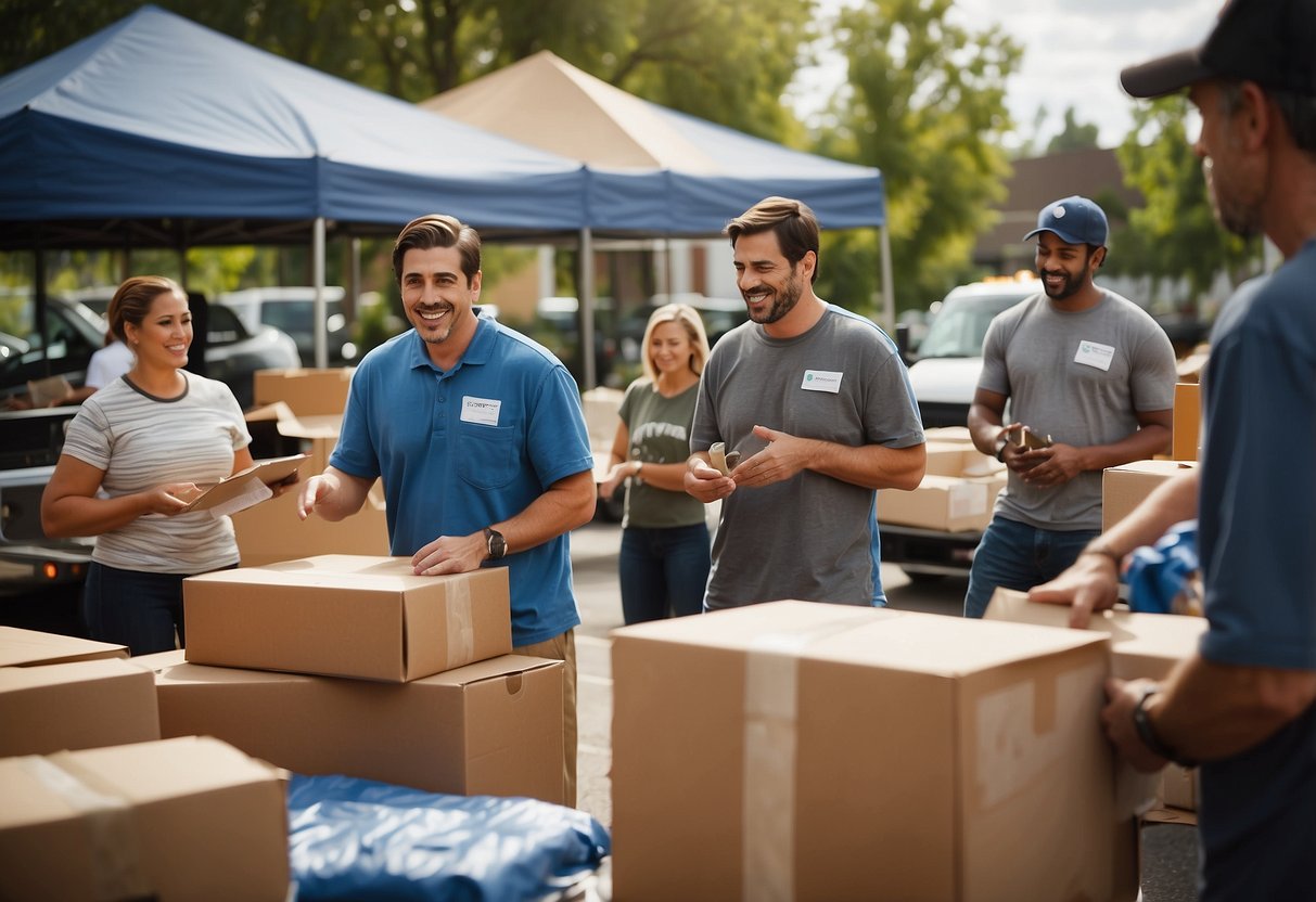People donating furniture at a local charity event, volunteers assisting with organizing and distributing items to those in need