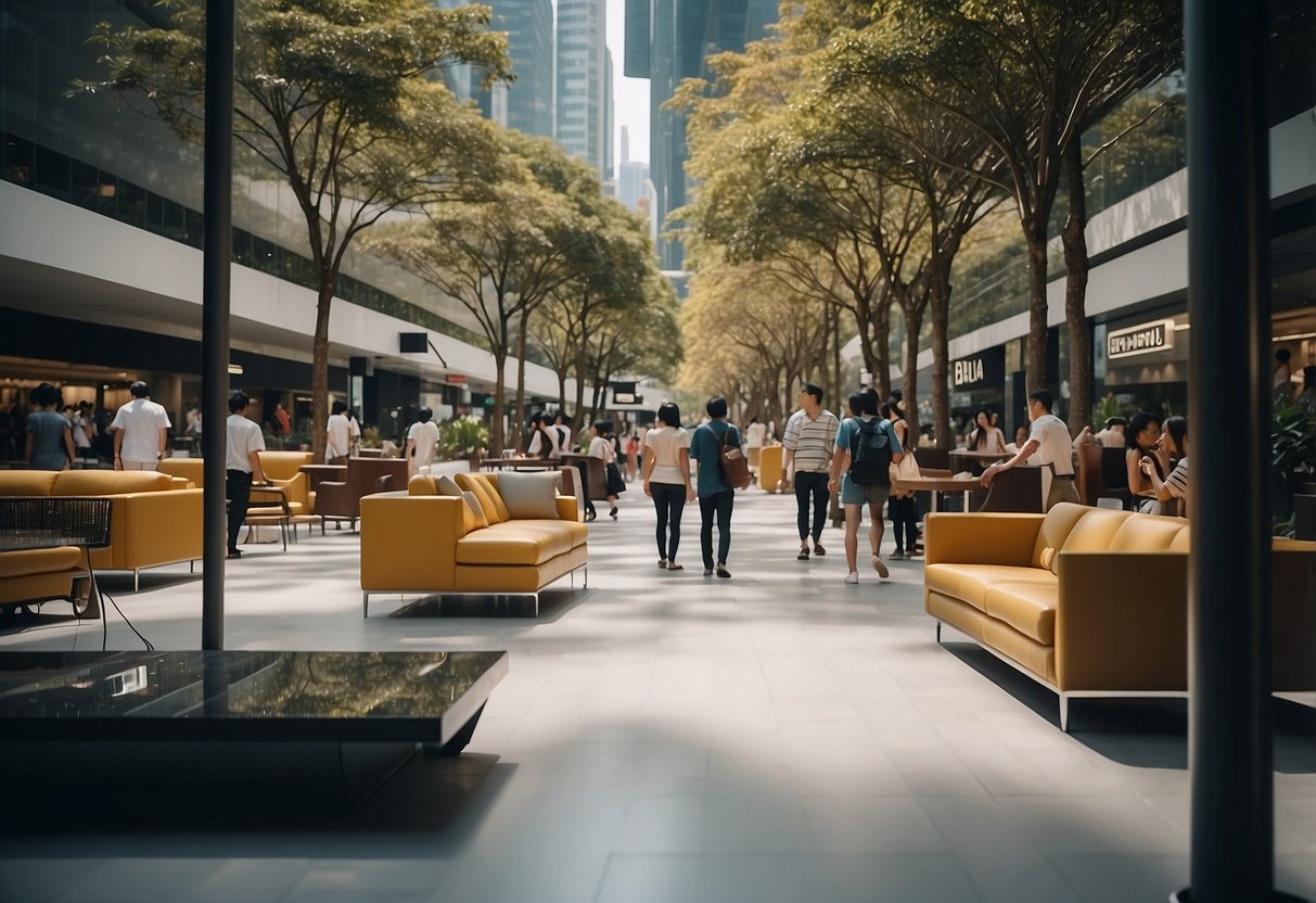 People browsing modern furniture displays on bustling Orchard Road