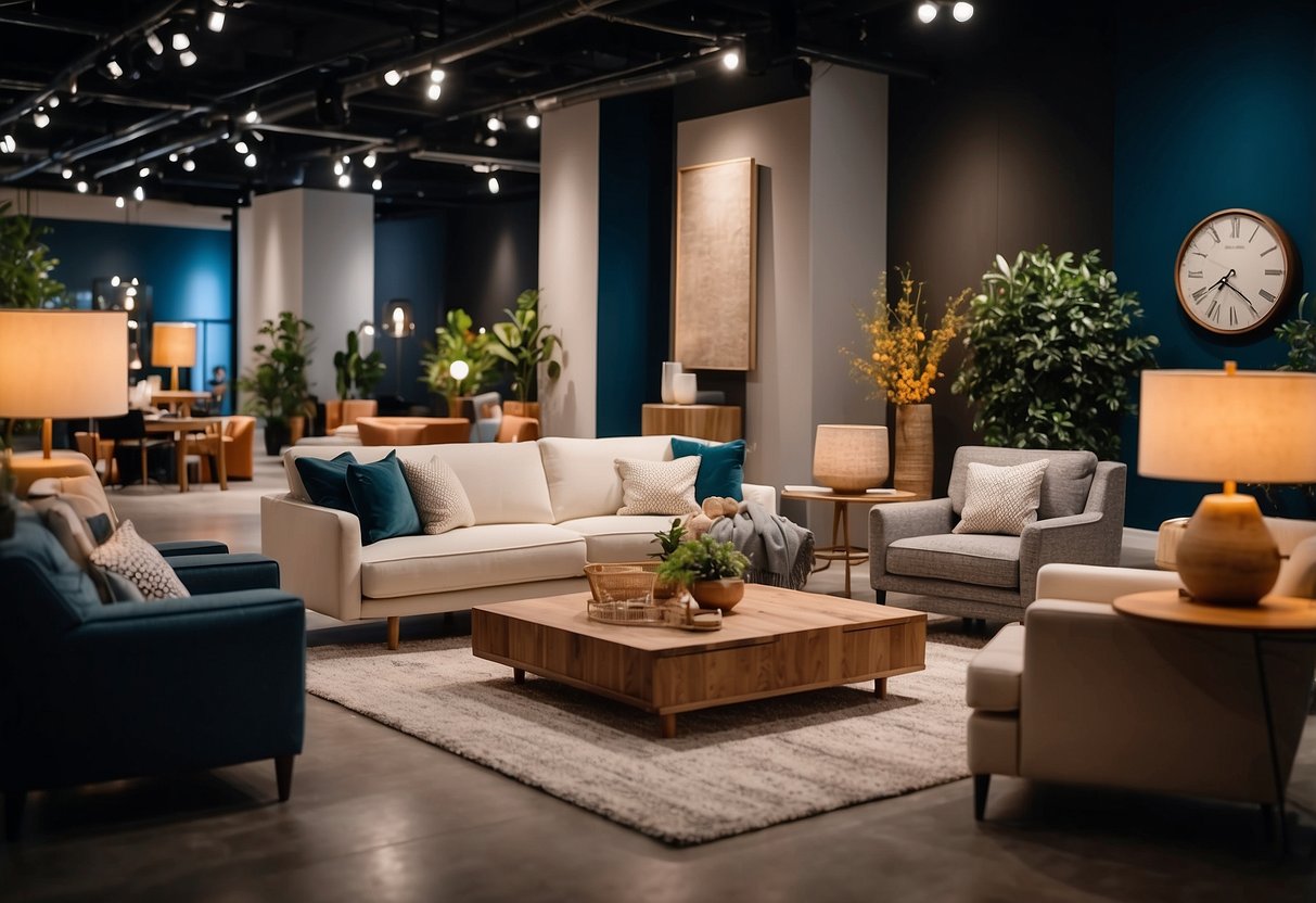 People browsing cozy furniture displays in a spacious showroom