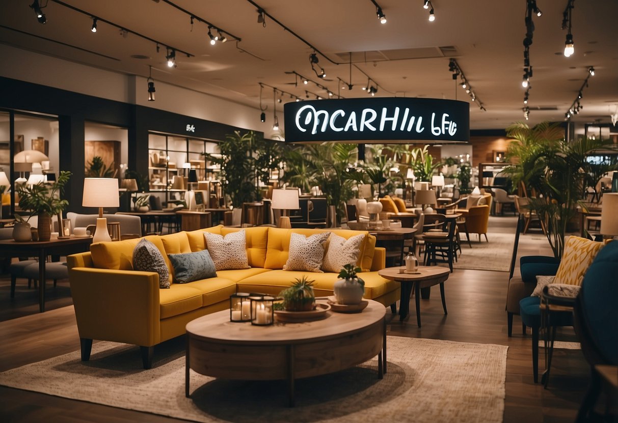 A bustling furniture store with trendy displays and promotional signs, customers browsing and staff assisting. Orchard's Furniture Scene is vibrant and inviting