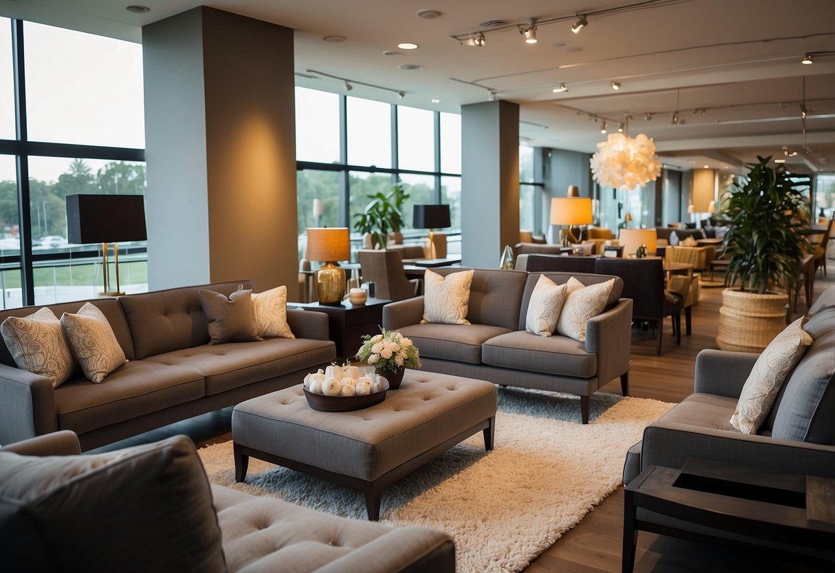 A spacious showroom displays a variety of comfortable furniture settings, including living rooms, bedrooms, and outdoor spaces. The warm, inviting atmosphere features cozy sofas, plush armchairs, and elegant dining sets