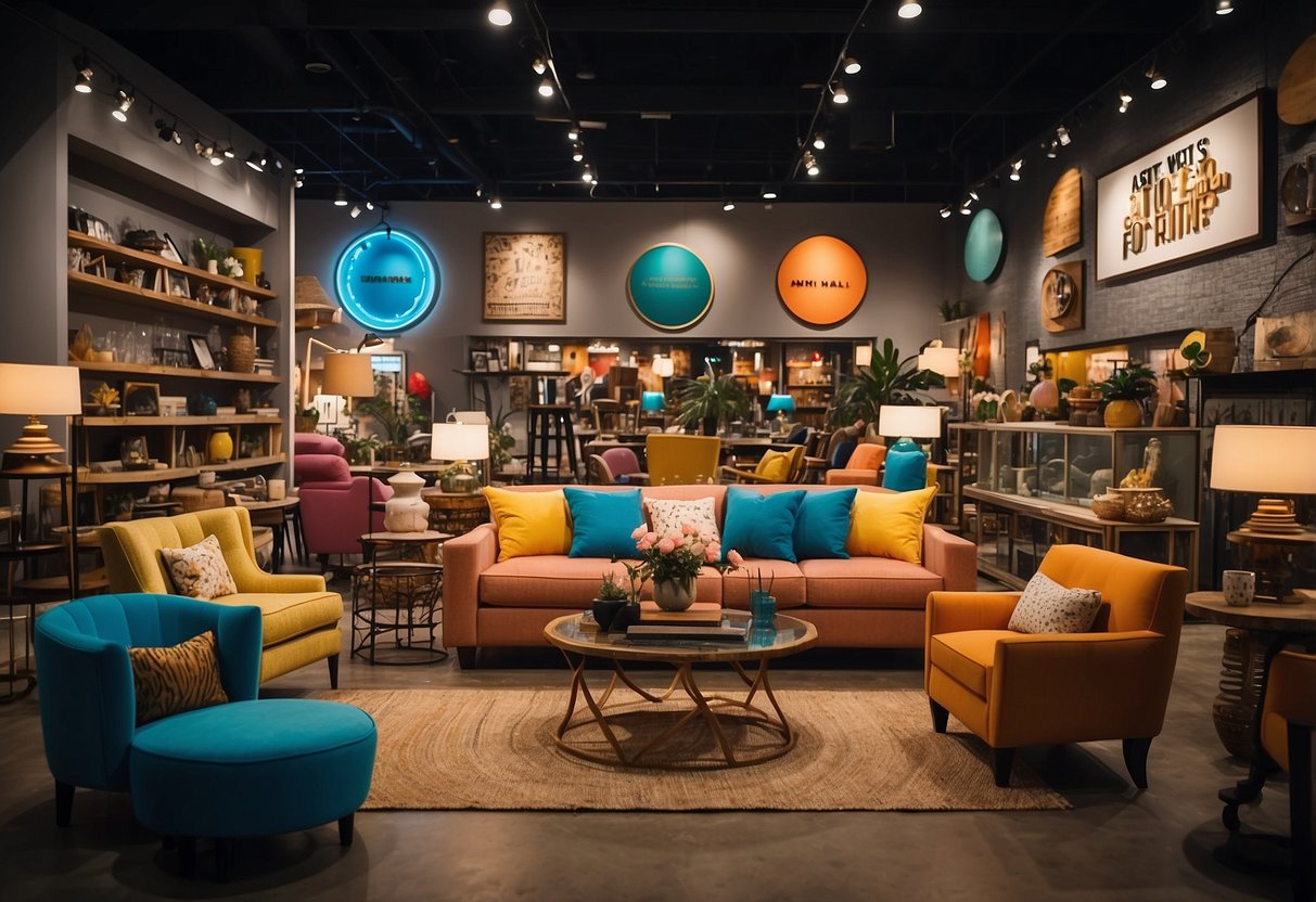A colorful furniture store with bold signage and eye-catching displays, showcasing unique and quirky pieces. Customers browse the aisles, admiring the eclectic selection of funky furniture