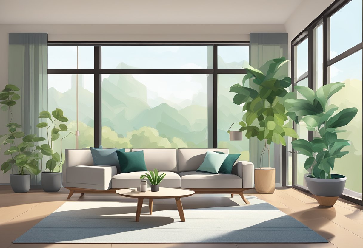 A modern living room with a sleek sofa, coffee table, and floor lamp. A large window lets in natural light, and a potted plant adds a touch of greenery