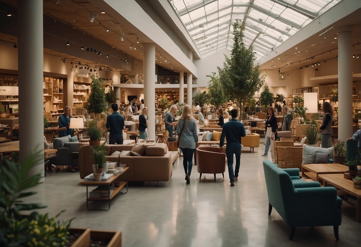 A crowded furniture store in an orchard, with customers browsing and employees assisting. Displayed signs with "Frequently Asked Questions" visible throughout the store