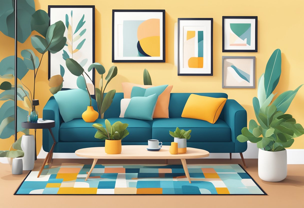 A bright, modern living room with a sleek sofa, abstract art, and a statement rug. A user browses the Discovering Your Style app on a tablet, selecting furniture to visualize in the space