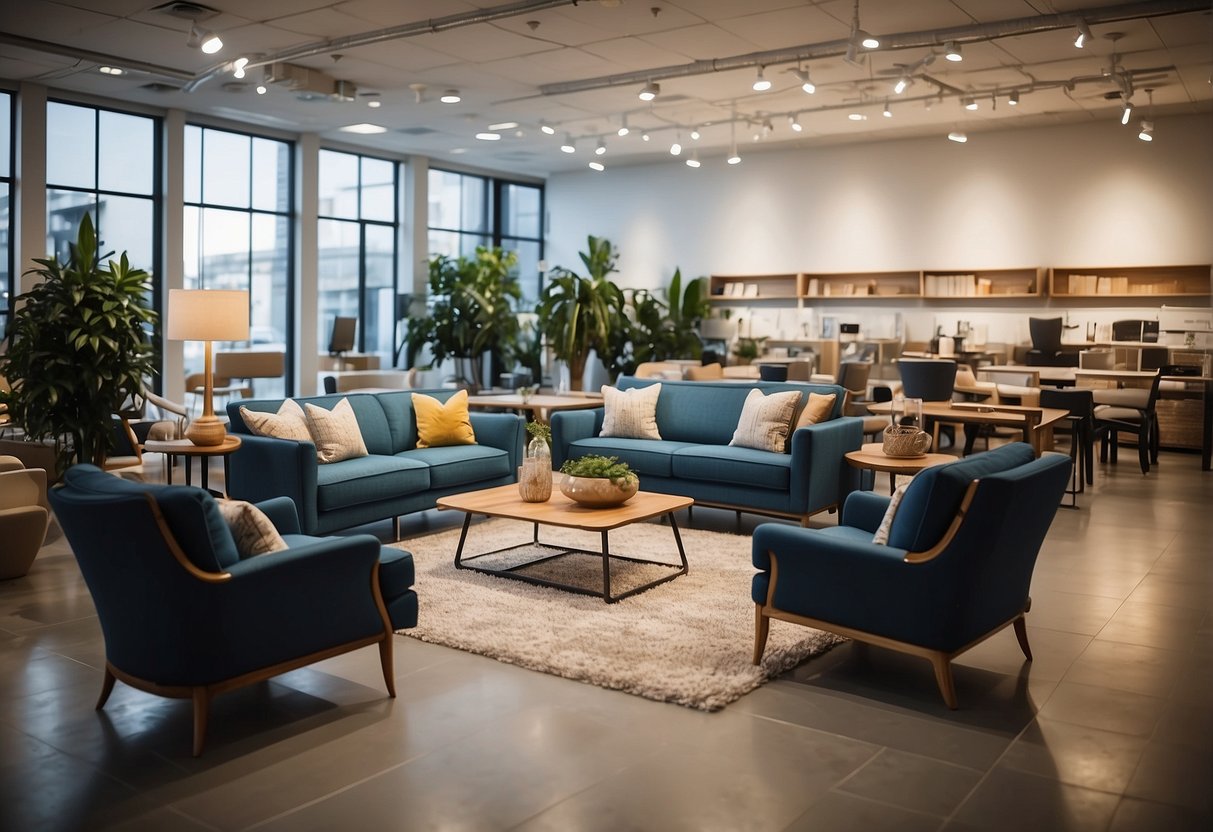 A spacious and well-lit showroom with neatly arranged furniture displays and signs indicating "Frequently Asked Questions" for customers' convenience