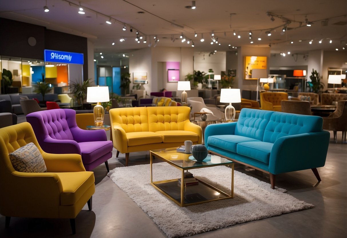 Colorful, modern furniture arranged in a showroom. Bright lights illuminate the unique pieces. A sign reads "Frequently Asked Questions funky furniture near me."