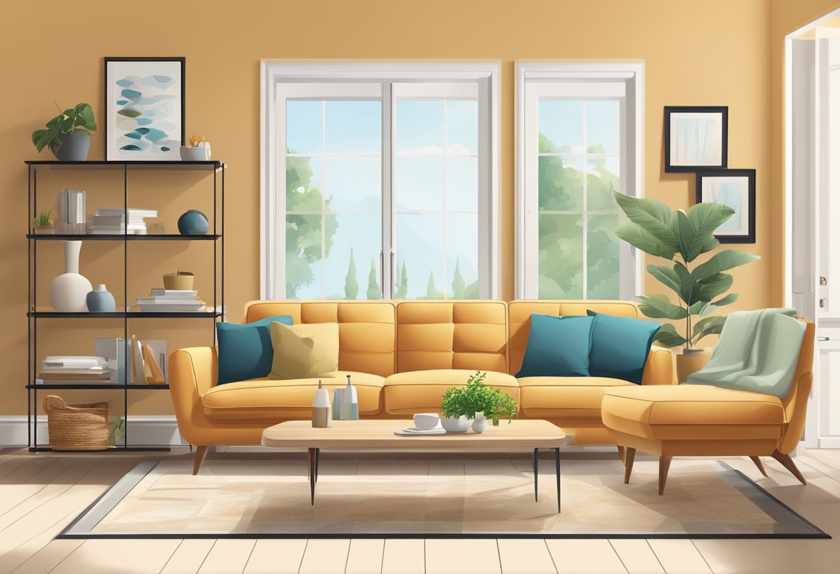 A room with modern furniture arranged in a stylish and functional manner, with the Designing Your Space app displayed on a tablet or smartphone