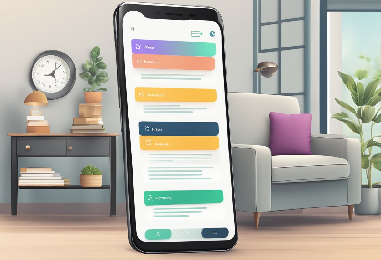 A smartphone displaying a furniture app with a list of frequently asked questions and a search bar