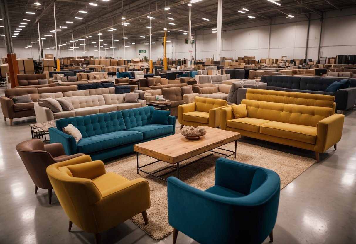 A large furniture warehouse outlet with rows of sofas, tables, and chairs. Bright lighting and high ceilings create a spacious and inviting atmosphere