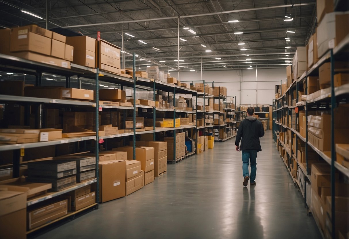 Customers browsing through aisles of furniture, with towering shelves and colorful displays, in a spacious warehouse outlet