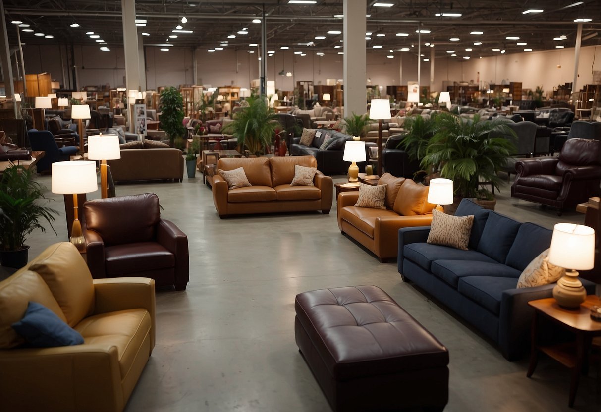 A bustling furniture warehouse outlet with customers browsing and staff assisting. Displays of sofas, tables, and chairs fill the space