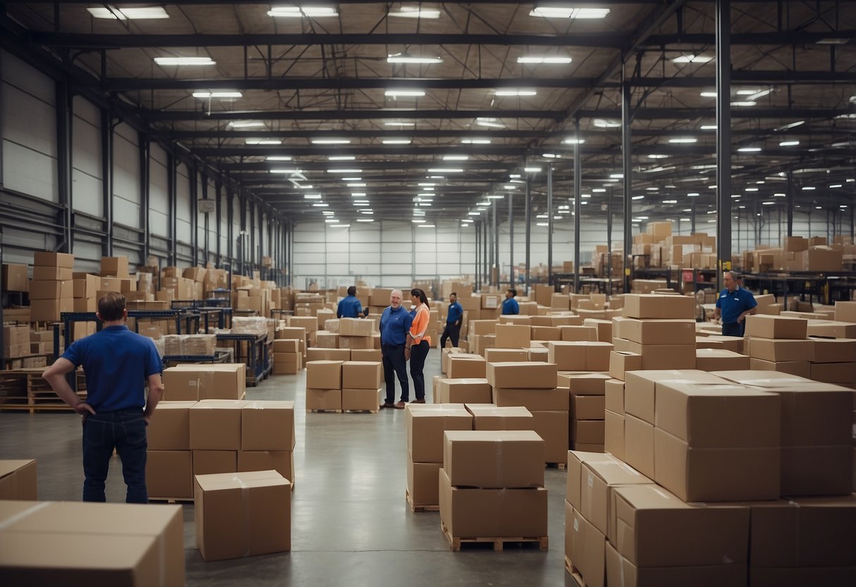 A busy warehouse with stacks of furniture, signage, and customers asking questions to staff