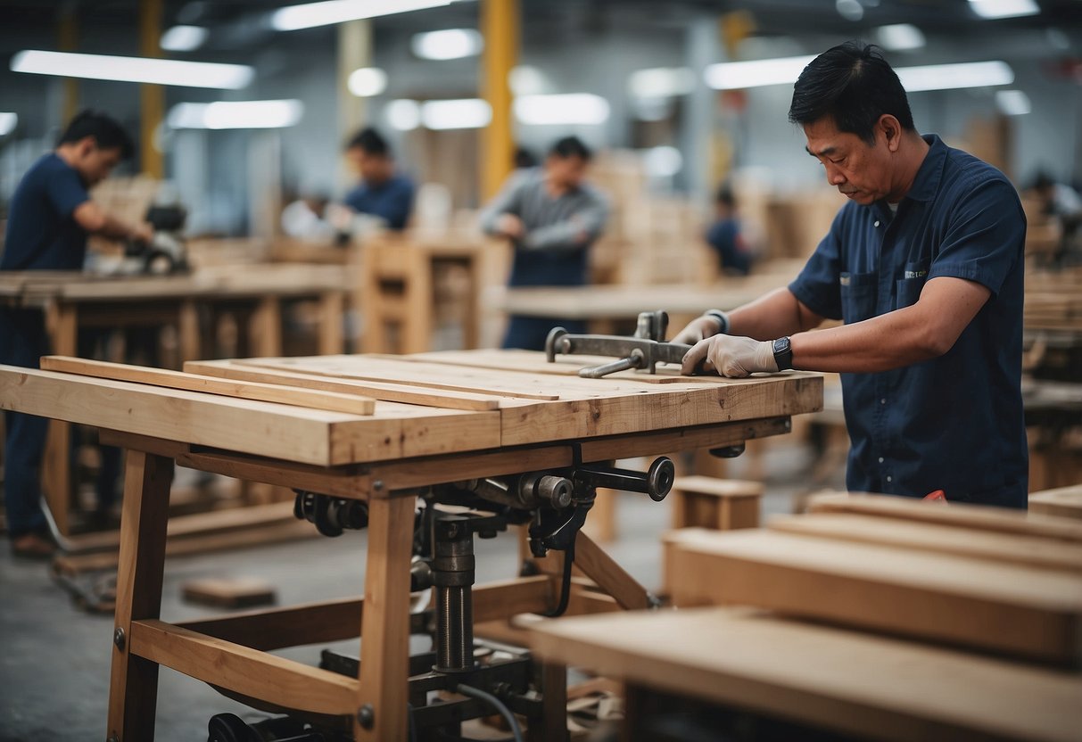 A busy furniture workshop in Singapore, with workers assembling wooden chairs and tables. Machinery hums as saws and drills create the pieces