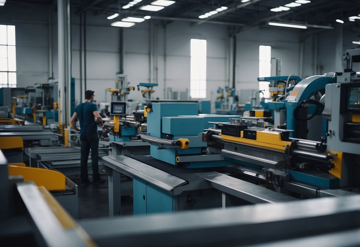 Machinery hums as raw materials are shaped and assembled in a spacious, well-lit factory. Skilled workers oversee the production of sleek, modern furniture pieces