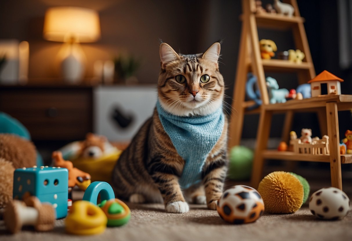 A joyful pet is playing with a collection of cozy furniture sets, surrounded by toys and treats