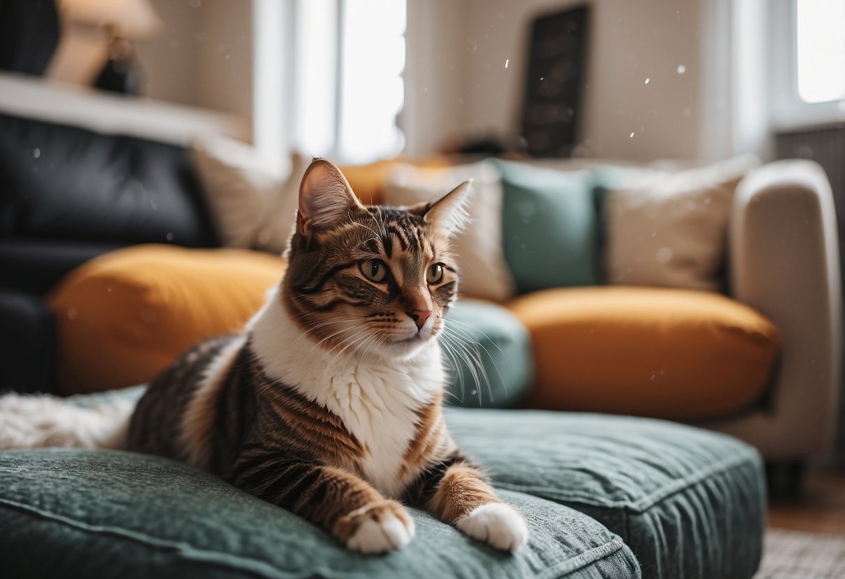 A cozy living room with colorful, plush pet furniture sets, surrounded by happy pets playing and lounging, creating an inviting and joyful atmosphere