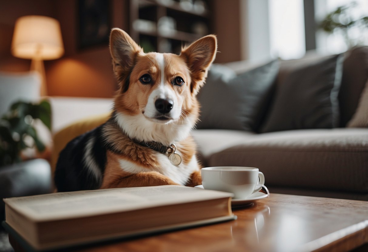 A cheerful pet surrounded by cozy furniture, with a stack of FAQ books nearby