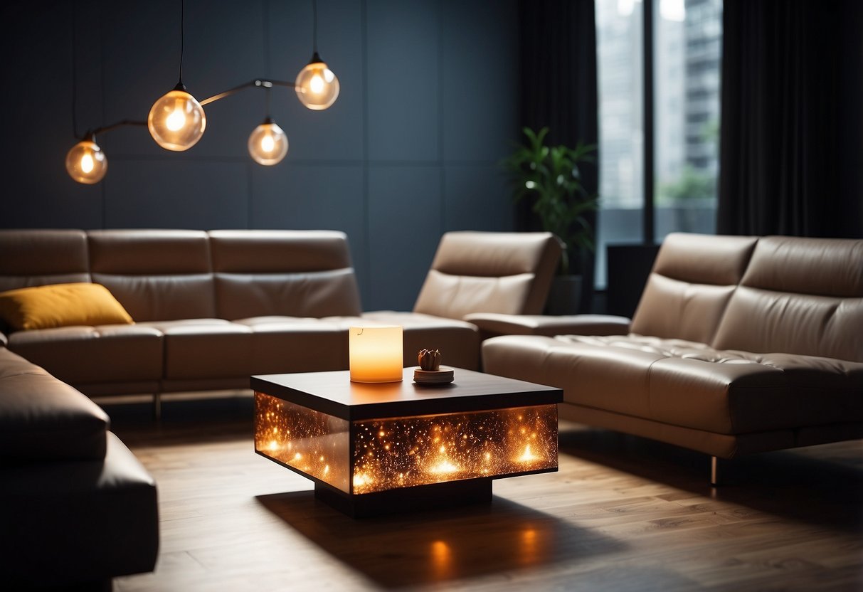 Furniture emitting heat, glowing softly in a dim room