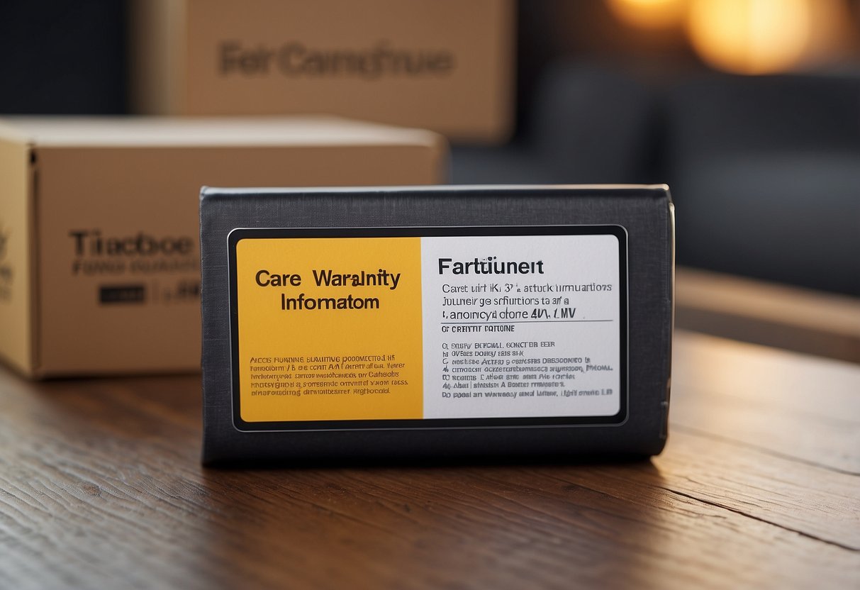 A label with "Care, Warranty, and Shipping Information" on a box of heated furniture