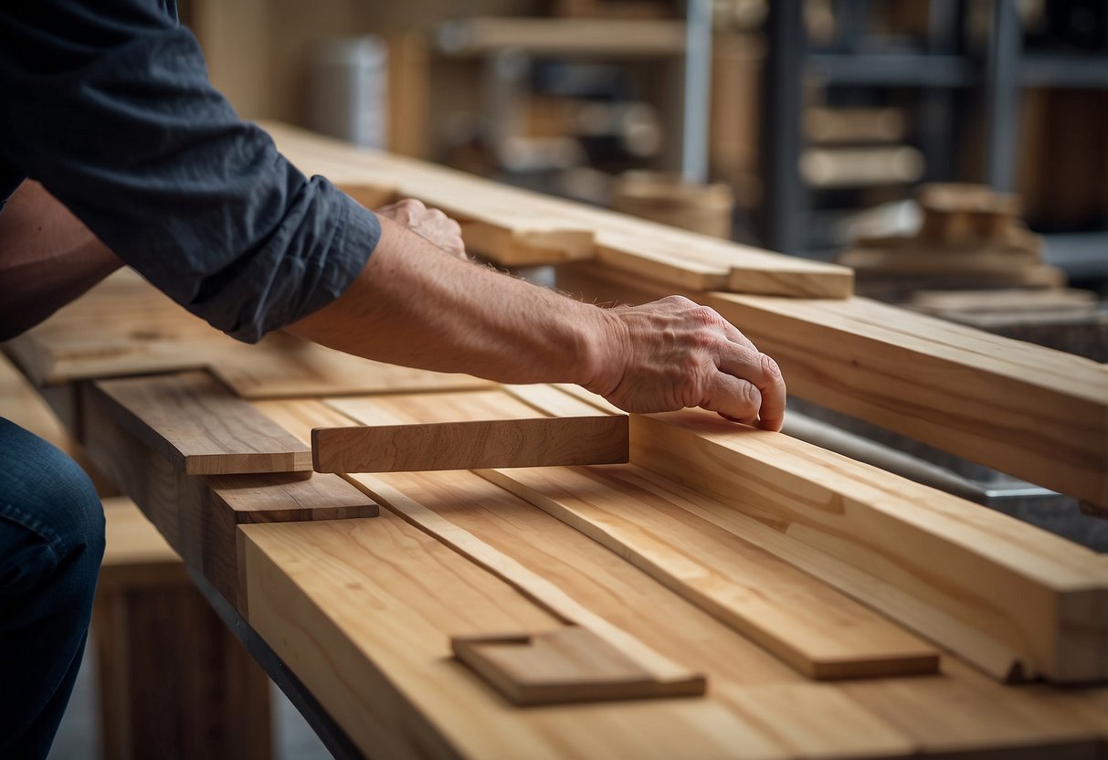 A carpenter carefully selects high-quality wood and measures precise dimensions for a sleek, modern furniture piece