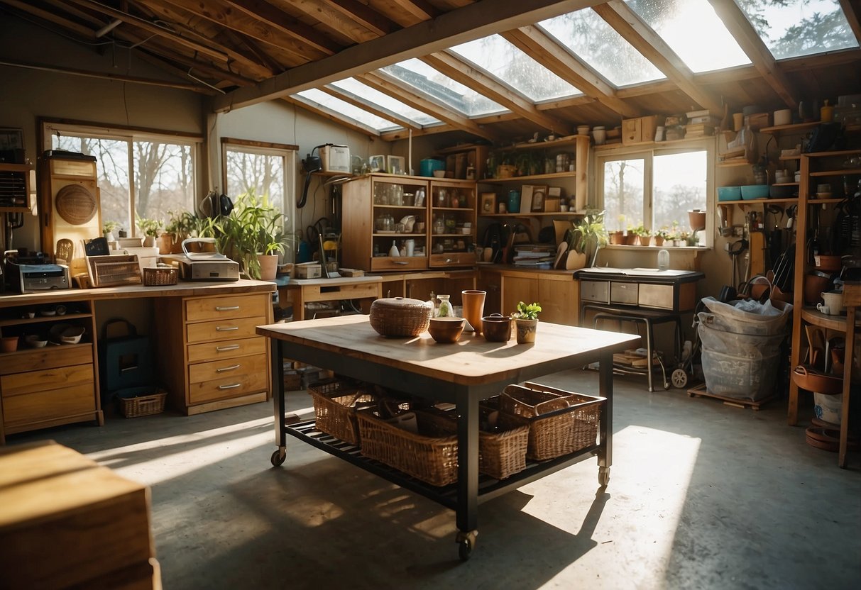 Various used furniture items are displayed in a cluttered garage. Tables, chairs, and shelves are haphazardly arranged, with price tags attached. Sunshine streams through the open garage door