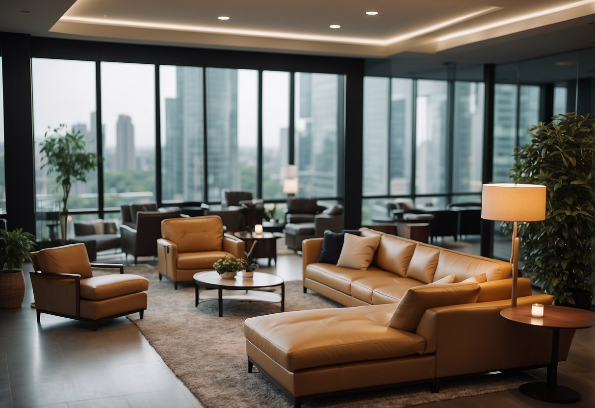 A room filled with modern, sleek furniture emitting warmth, with customers lounging comfortably and staff answering inquiries