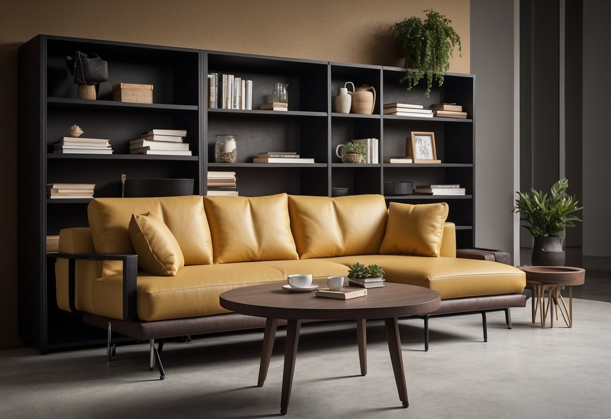 A compact sofa with built-in storage, a multi-functional coffee table with adjustable height, and a wall-mounted folding desk with integrated shelving
