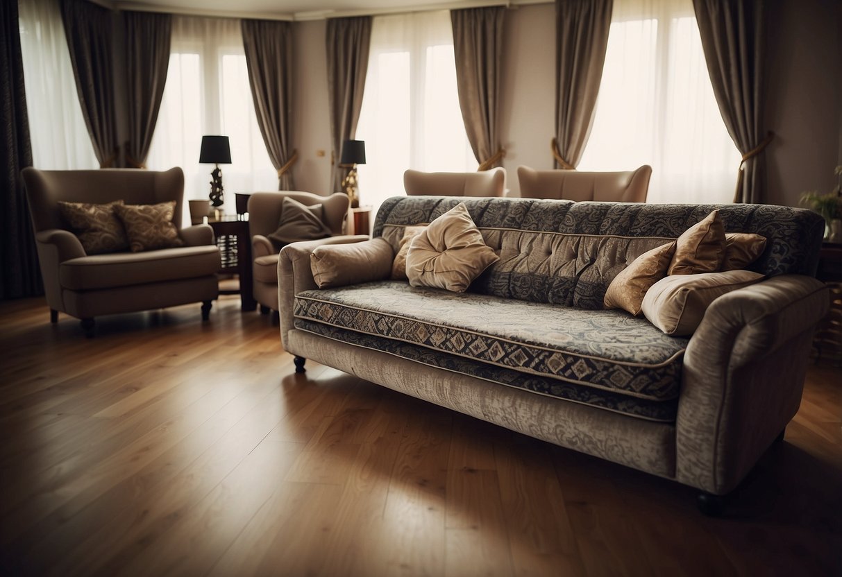 A room with a sofa, dining table, chairs, bed, wardrobe, and desk. Decorative items like lamps, rugs, and curtains