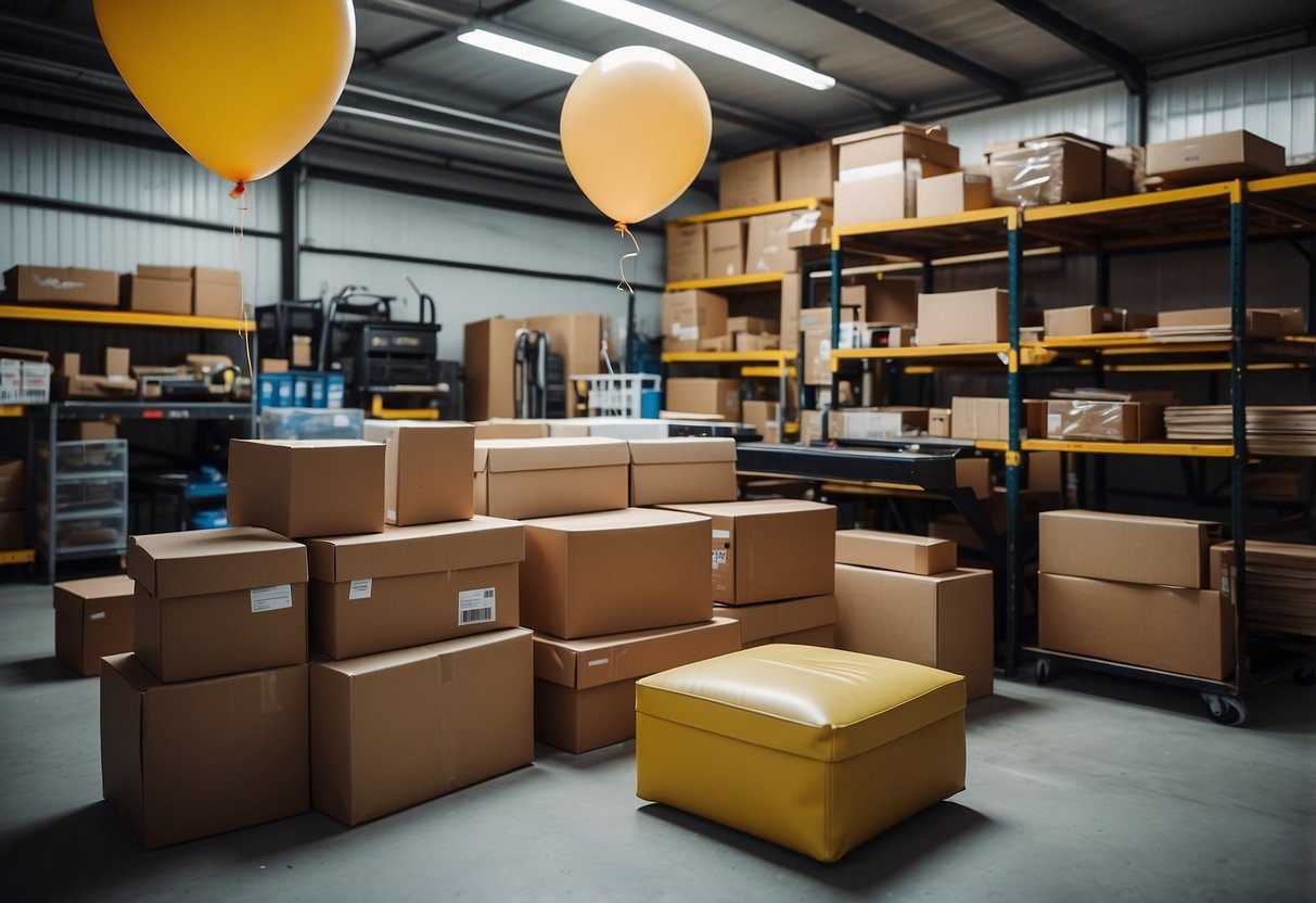 Furniture arranged neatly in a garage, price tags attached. Boxes of items ready to be unpacked. Signs and balloons for advertising