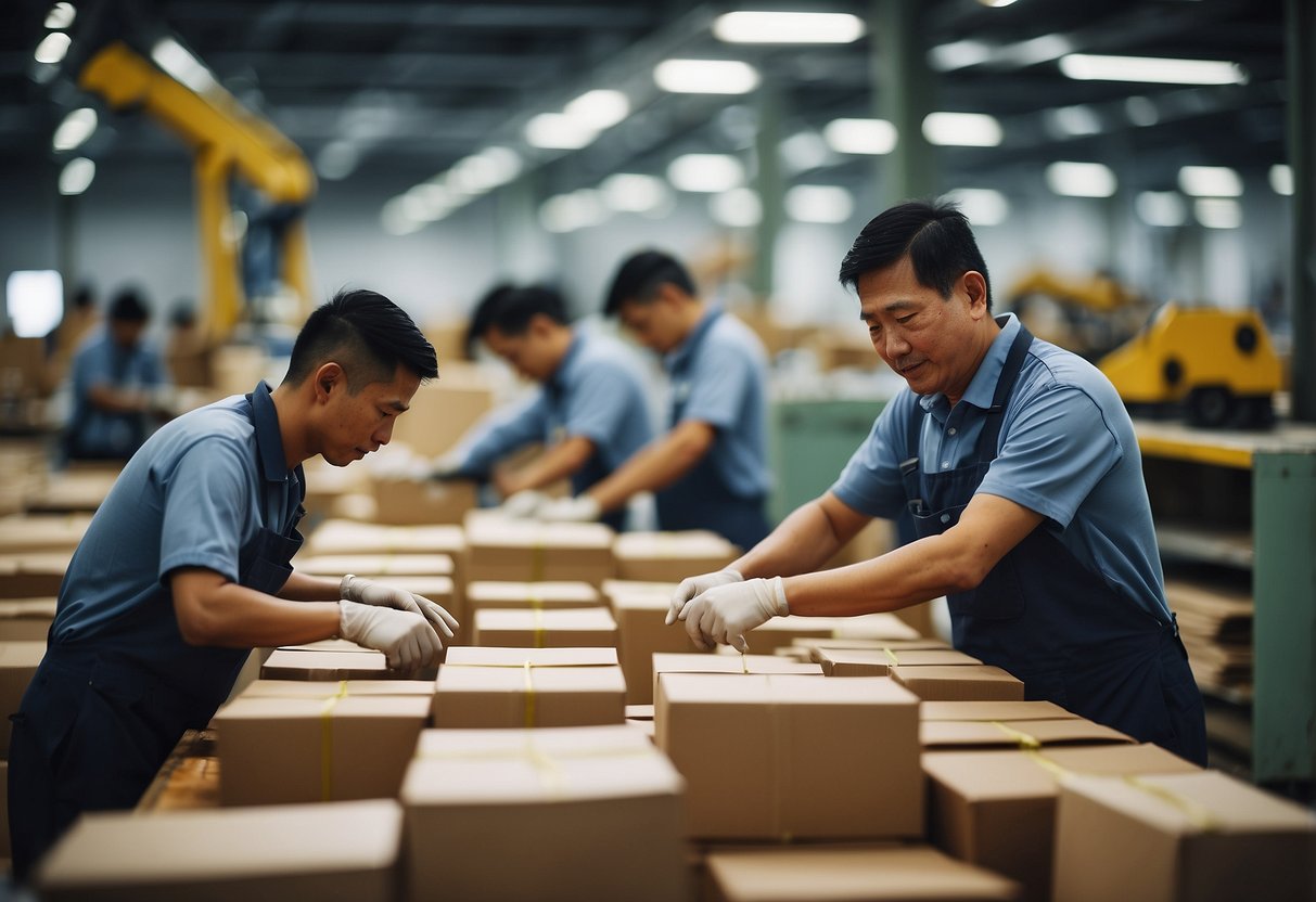 A bustling furniture factory in Singapore, with workers assembling and packaging products, while managers oversee the process