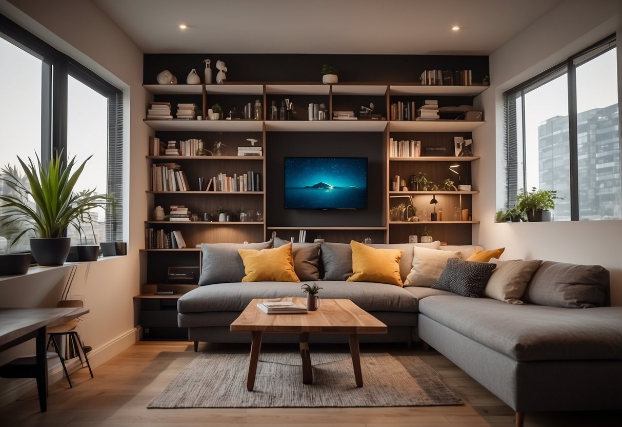 A compact living room with a wall-mounted fold-out desk, a sofa bed with hidden storage, and a multi-functional coffee table