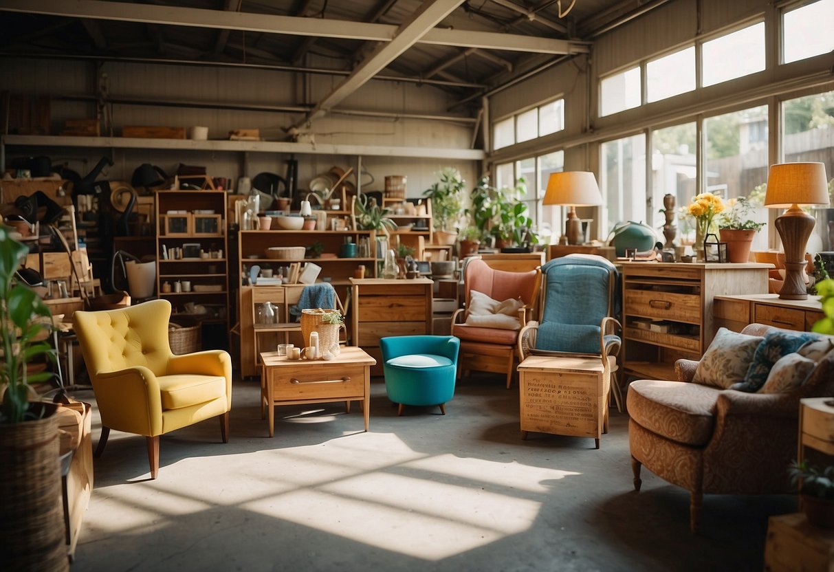 A colorful array of secondhand furniture displayed in a sunny garage, with signs promoting discounts and special offers