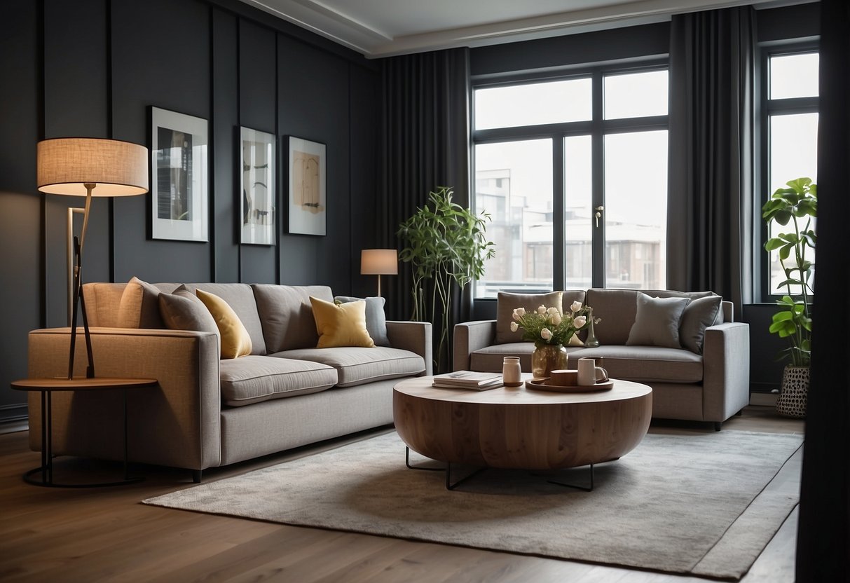 A room with a sofa, coffee table, dining table, chairs, bed, bedside tables, and a wardrobe. Walls are bare, with a few framed pictures