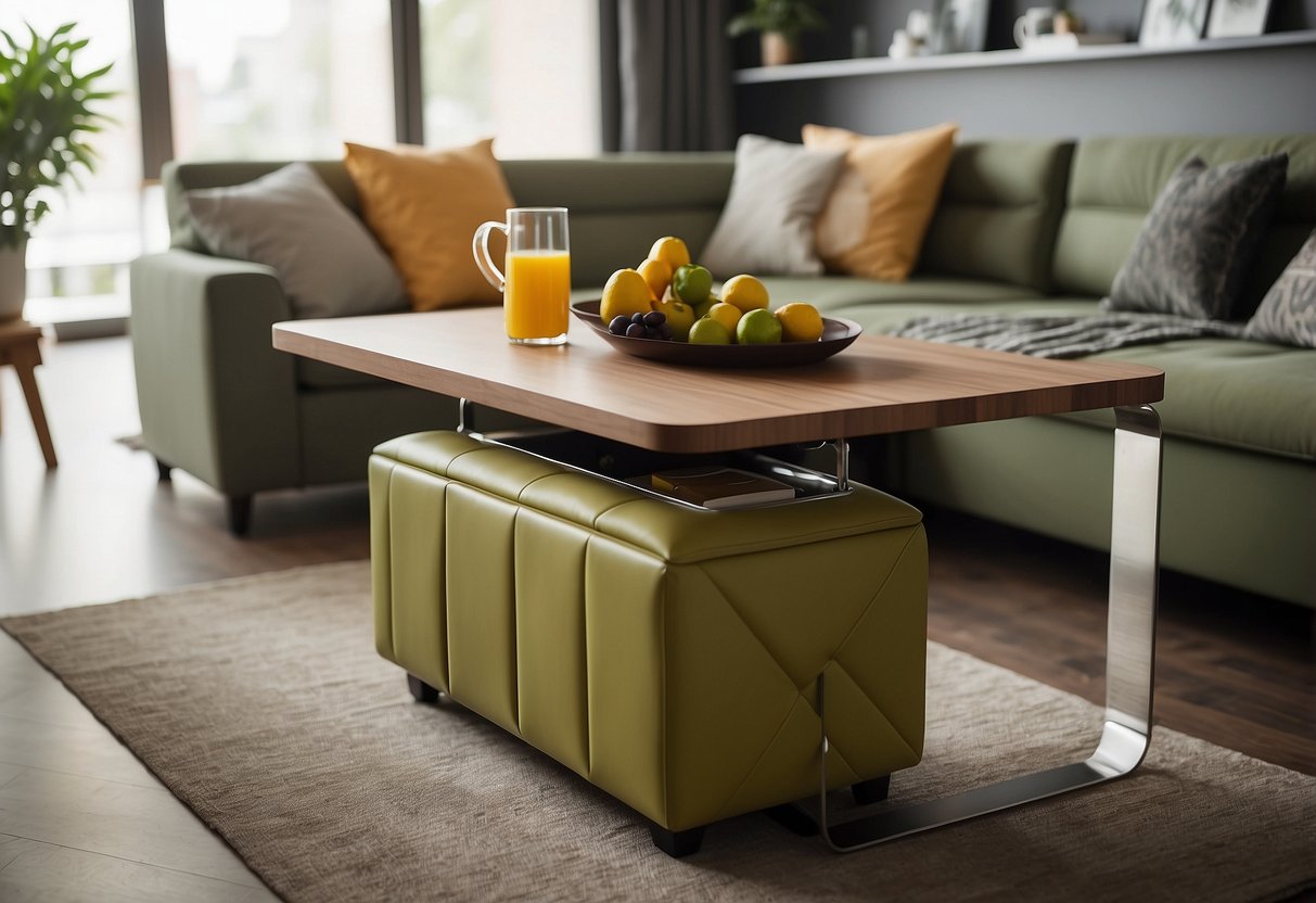 A compact, multi-functional sofa seamlessly transforms into a dining table, with hidden storage compartments and sleek, modern design