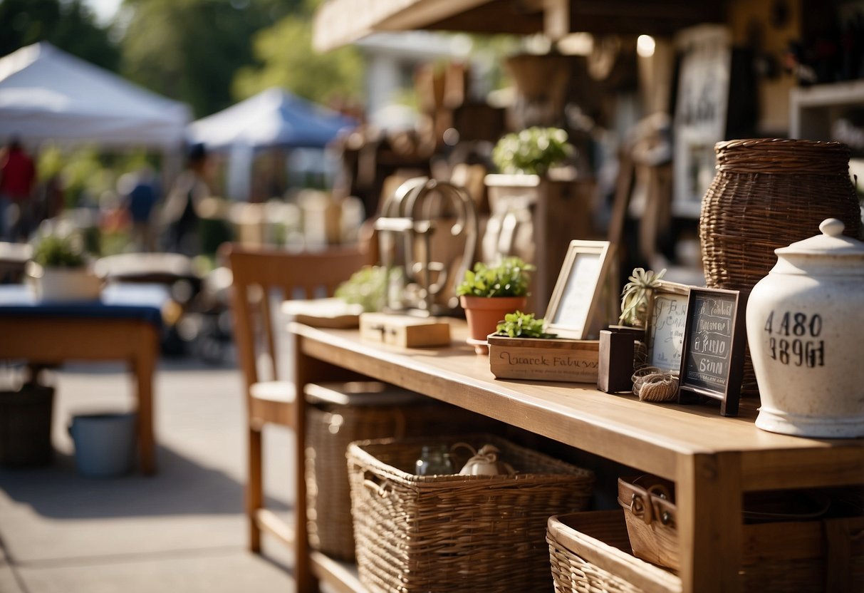 A variety of furniture items displayed on tables and shelves at a garage sale, with a sign reading "Frequently Asked Questions" above the display