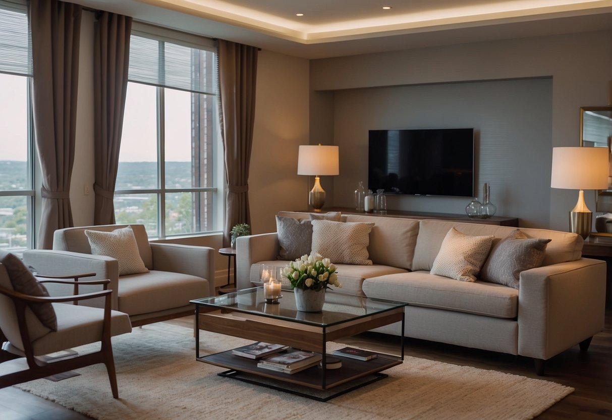 A living room with a sofa, coffee table, and TV stand. A dining area with a table and chairs. A bedroom with a bed, nightstands, and a dresser