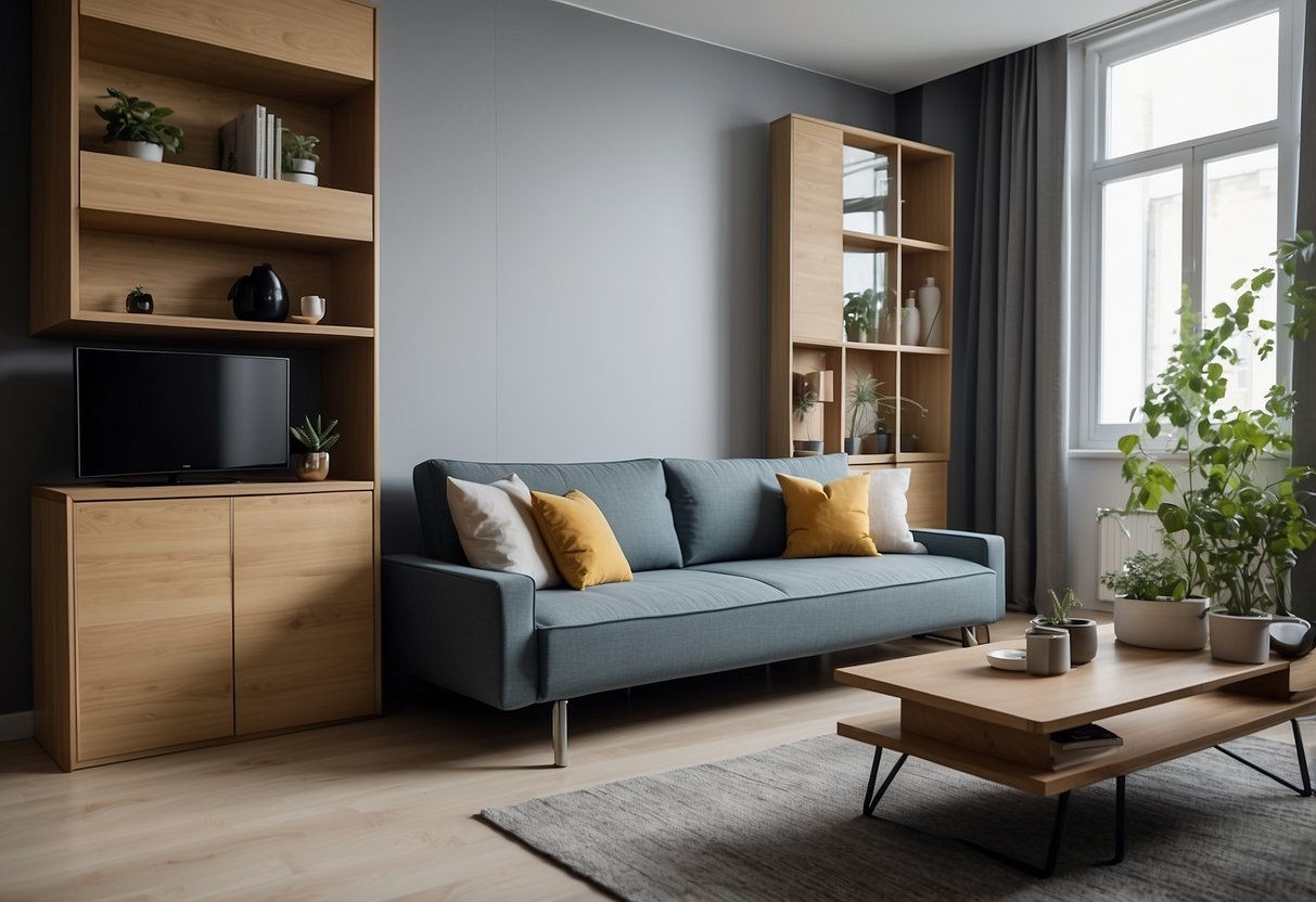 A compact living room with a multi-functional sofa bed, foldable dining table, and wall-mounted storage units. Clever space-saving solutions and minimalist design