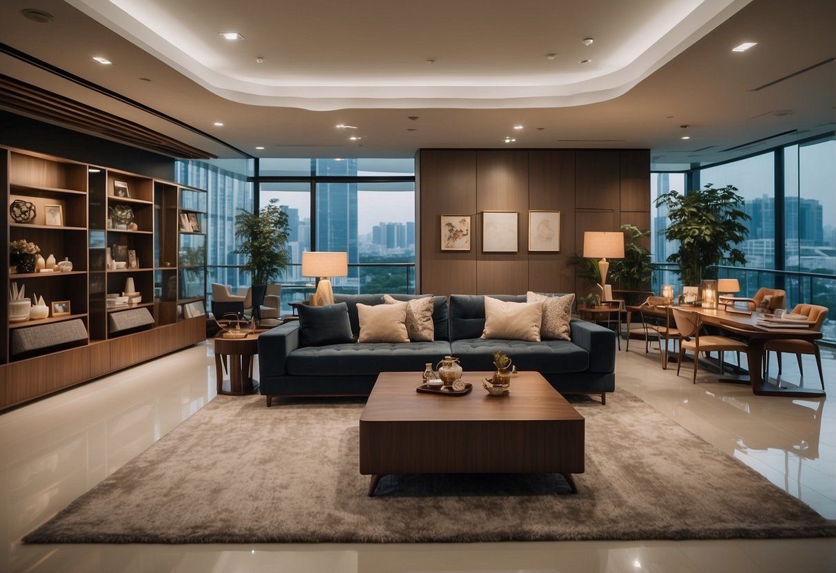 A spacious showroom in Singapore displays a variety of modern and traditional furniture pieces, neatly arranged in different sections