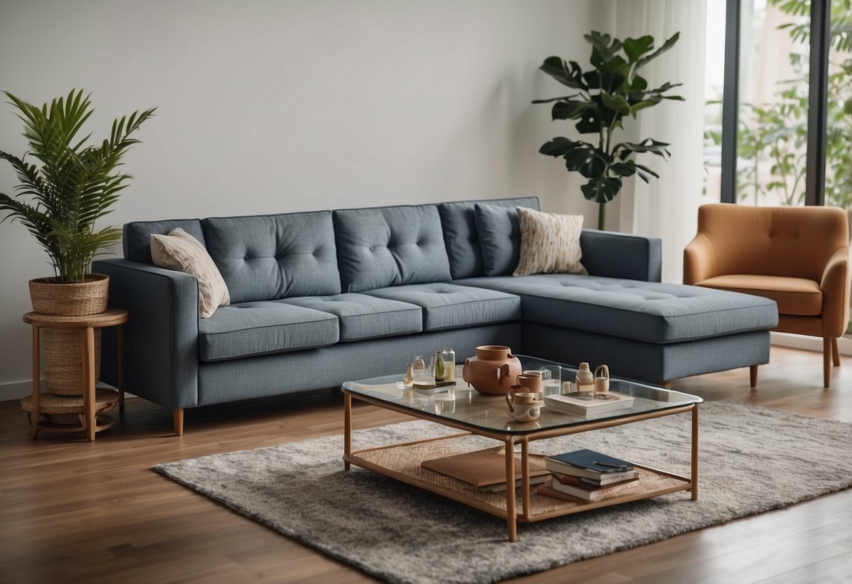 A checklist of essential furniture items for a new home in Singapore, including a sofa, dining table, bed, and storage units