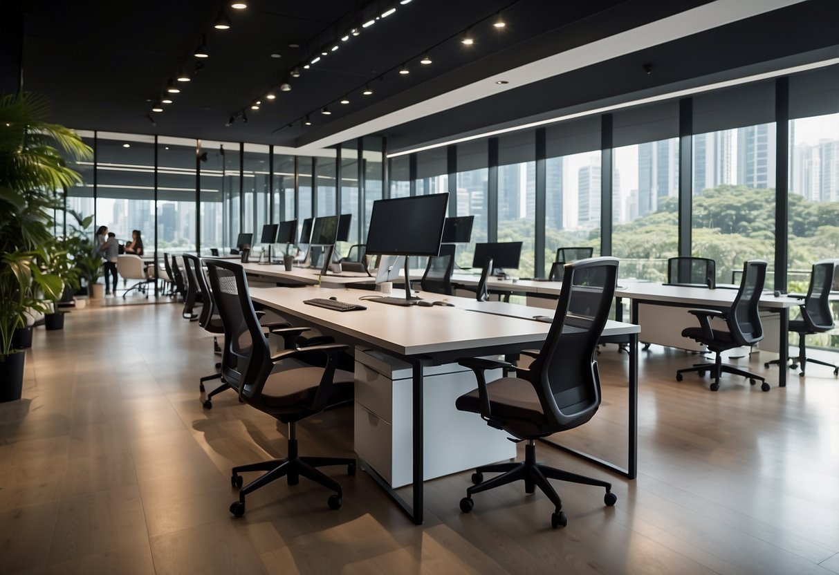 Employees browse modern office furniture at a showroom in Singapore. Desks, chairs, and storage solutions are on display. Light streams through large windows