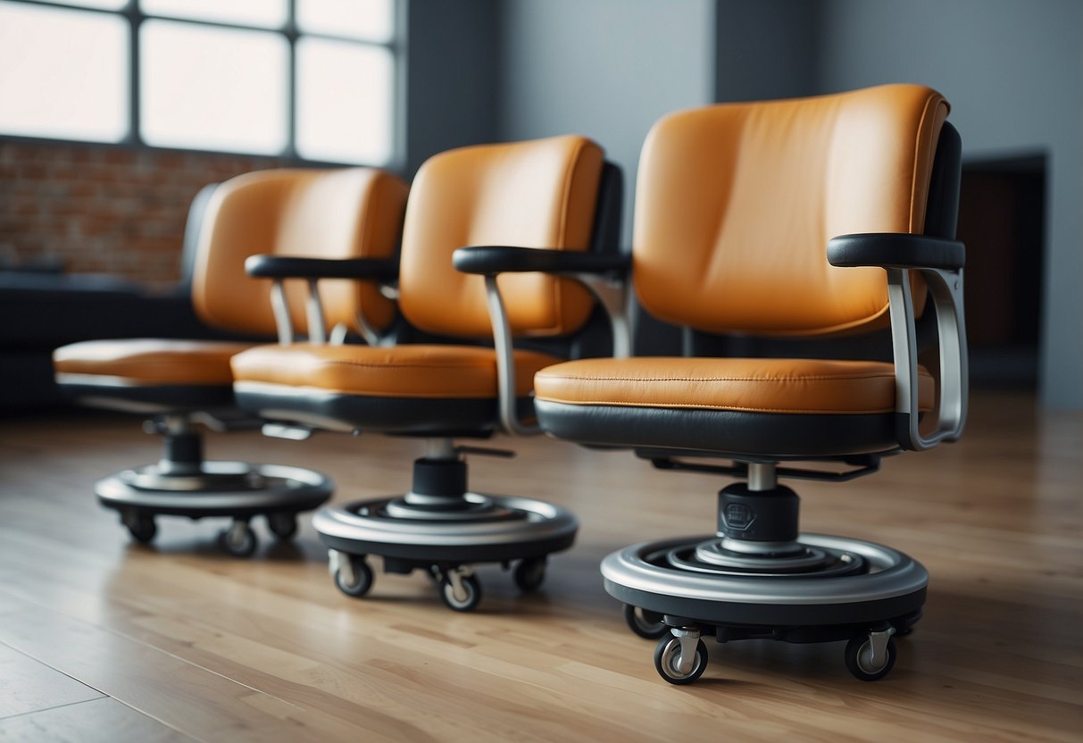 Four furniture caster wheels attached to the bottom of a chair, allowing it to move easily across the floor