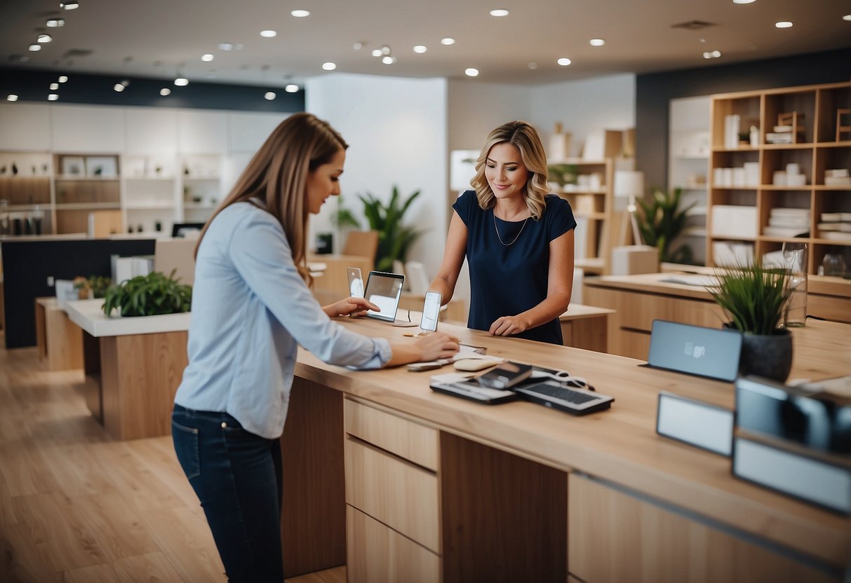 A customer service representative assists a client in choosing furniture at a showroom, surrounded by a wide range of products and samples